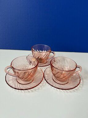 Set Of 3 Rosaline Pink Arcoroc FRANCE Tempered Glass 3 Cups & 3 Saucers
